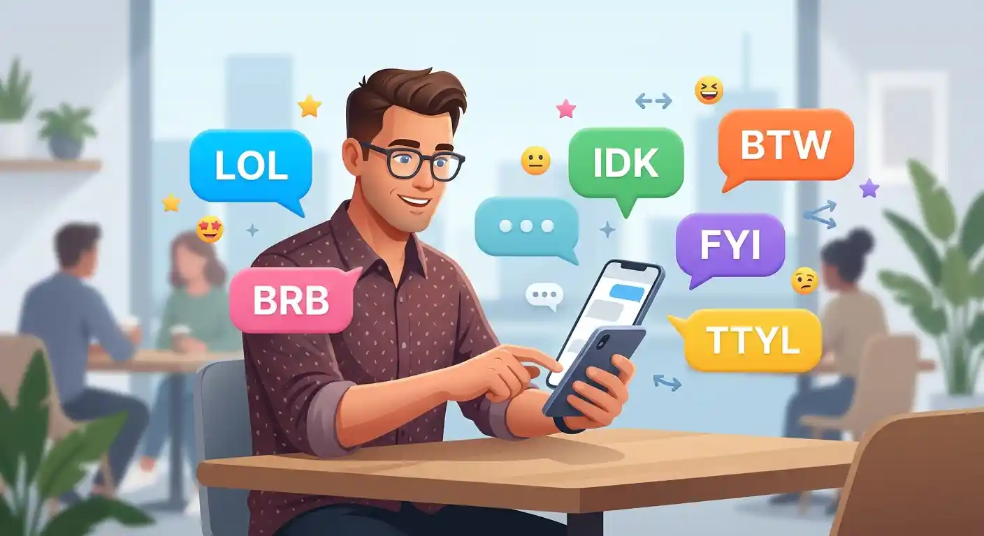 An adult using a smartphone with chat bubbles showing common internet abbreviations such as LOL, BRB, and IDK