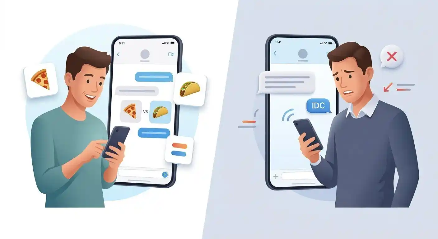 Two texting situations showing IDC as no preference or a dismissive response