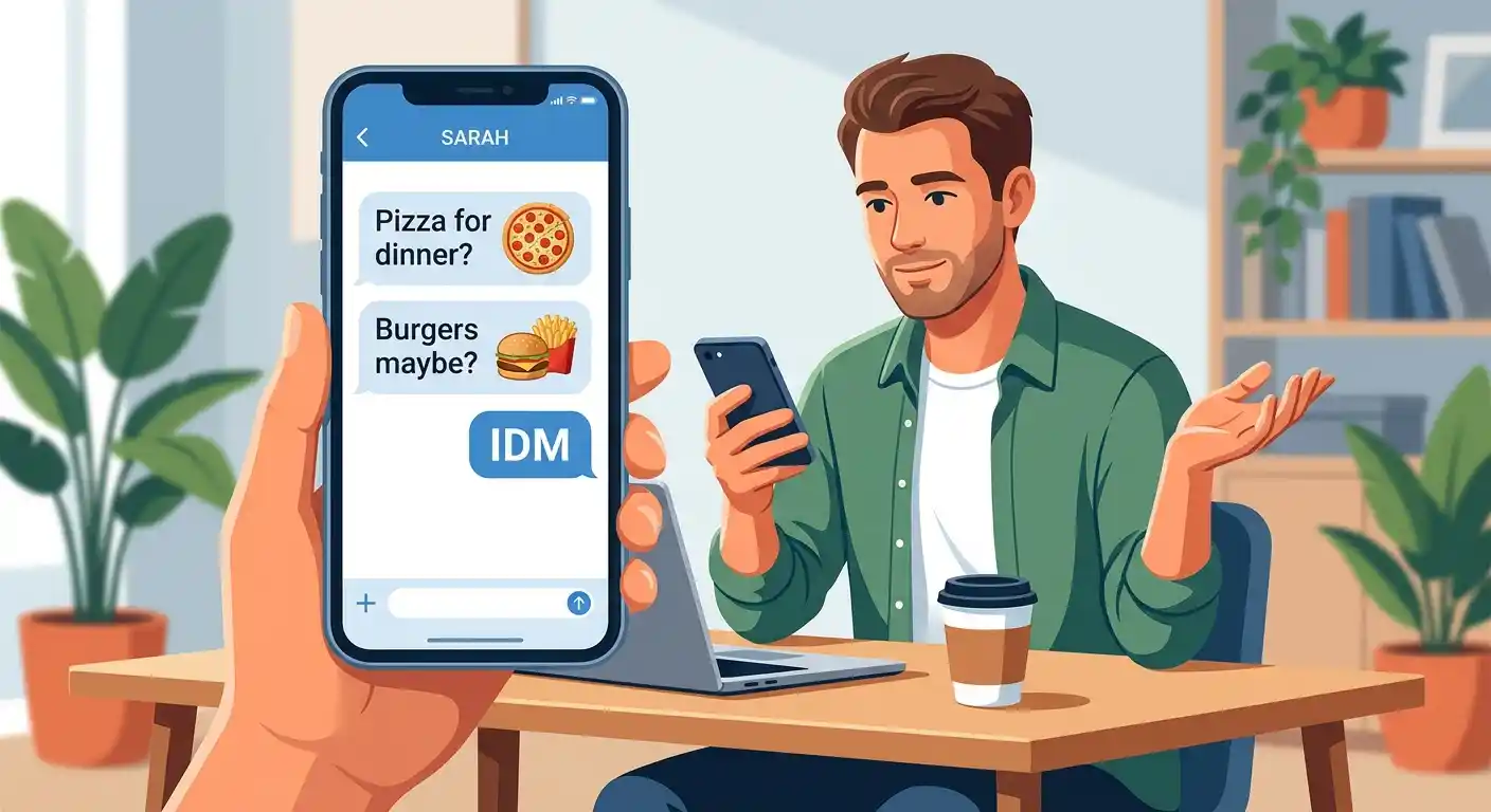 IDM shown in a text conversation to express that either choice is fine