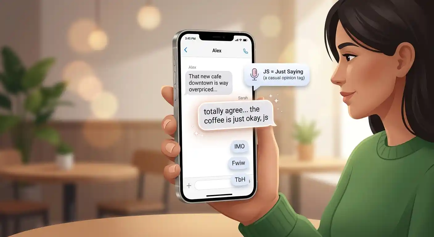 Text conversation showing JS used to mean “just saying”