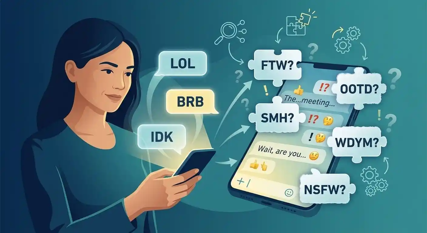 Adult reading unfamiliar acronyms in a text conversation alongside familiar messaging shorthand