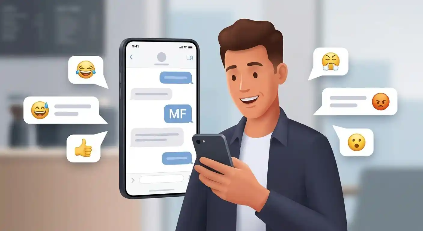 Adult reading a text message using MF with different possible tones and reactions
