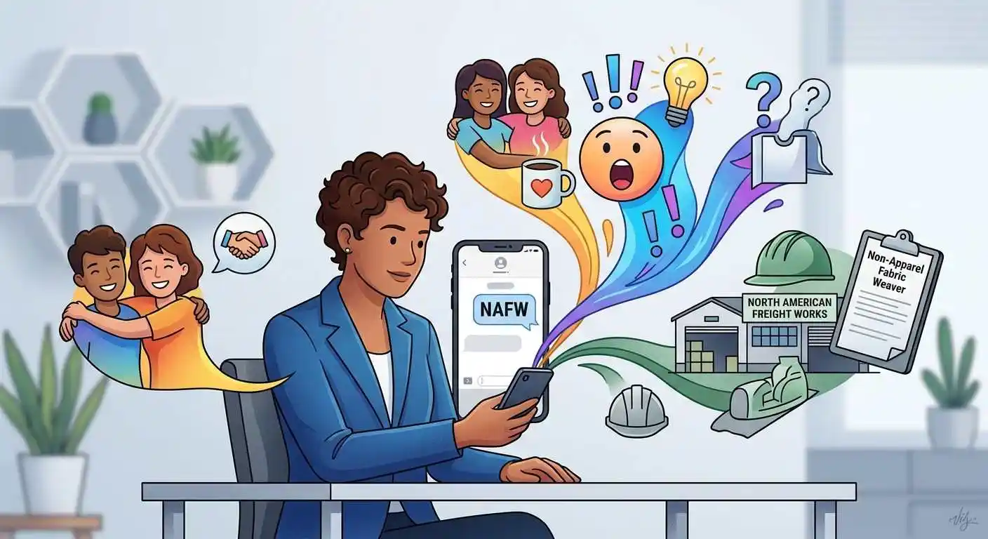 Adult user viewing NAFW in a text message with visual cues showing its different possible meanings.