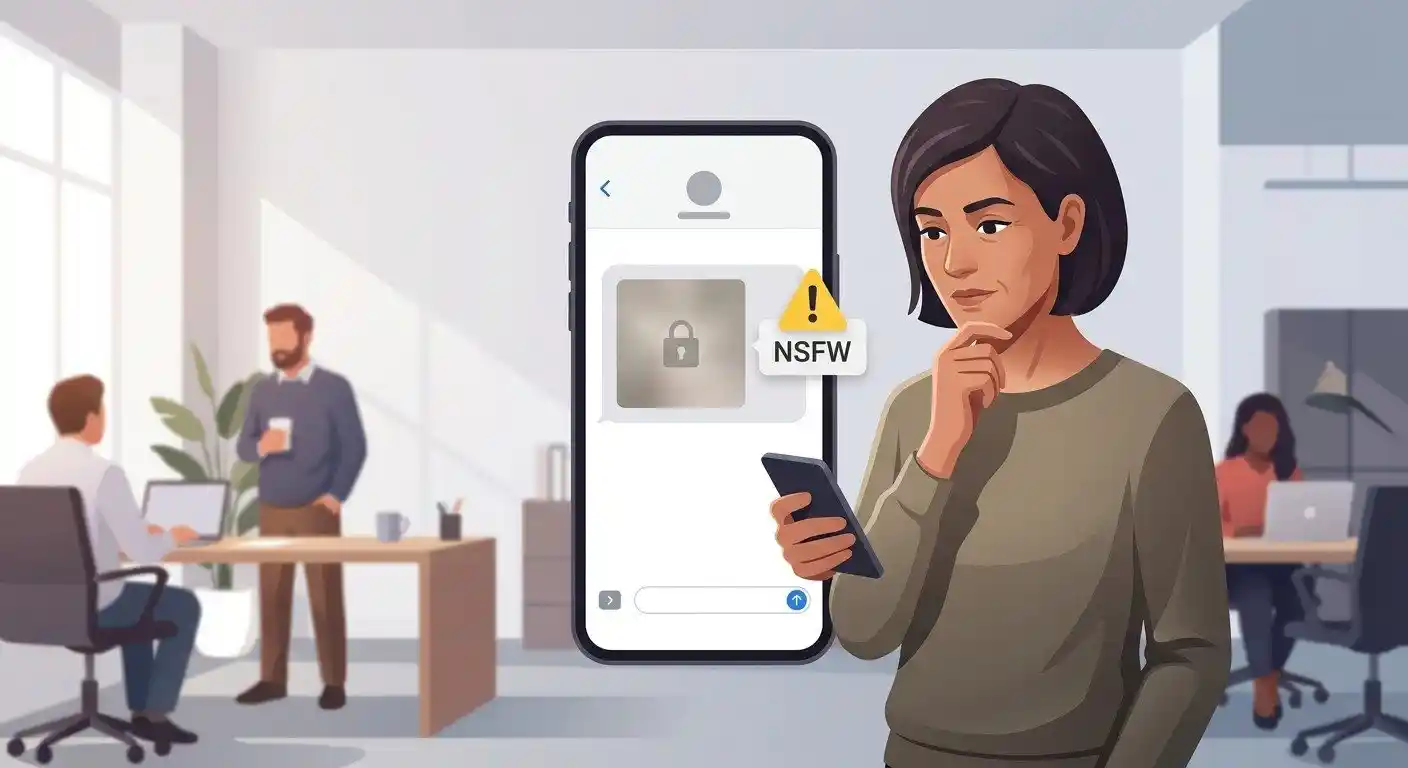 Adult user viewing an NSFW warning on a smartphone before opening potentially unsuitable content.
