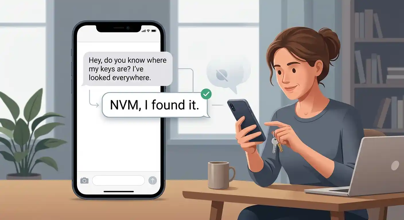 Text conversation showing NVM used to mean “never mind”