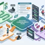 Online community vocabulary connecting posts, members, threads, moderation, and digital discussions