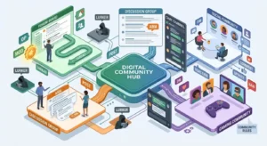 Online community vocabulary connecting posts, members, threads, moderation, and digital discussions