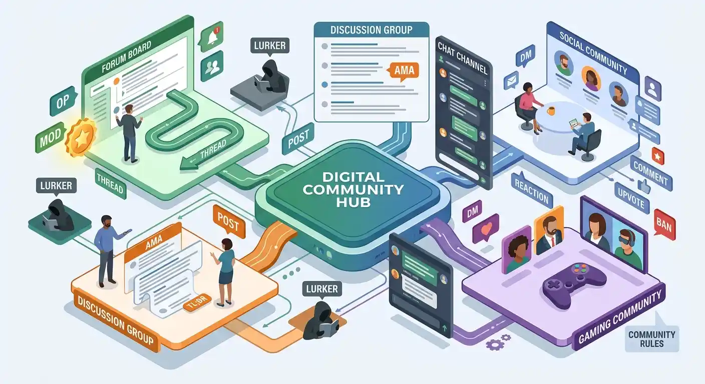 Online community vocabulary connecting posts, members, threads, moderation, and digital discussions