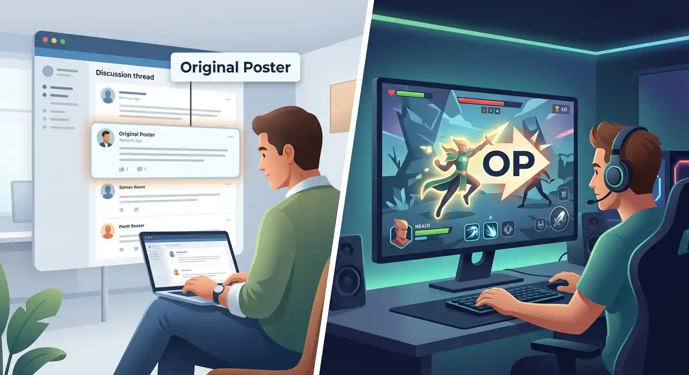 Illustration showing OP as Original Poster in an online discussion and Overpowered in gaming.