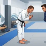 Two adult BJJ practitioners acknowledge each other while a phone shows an “OSS” message.