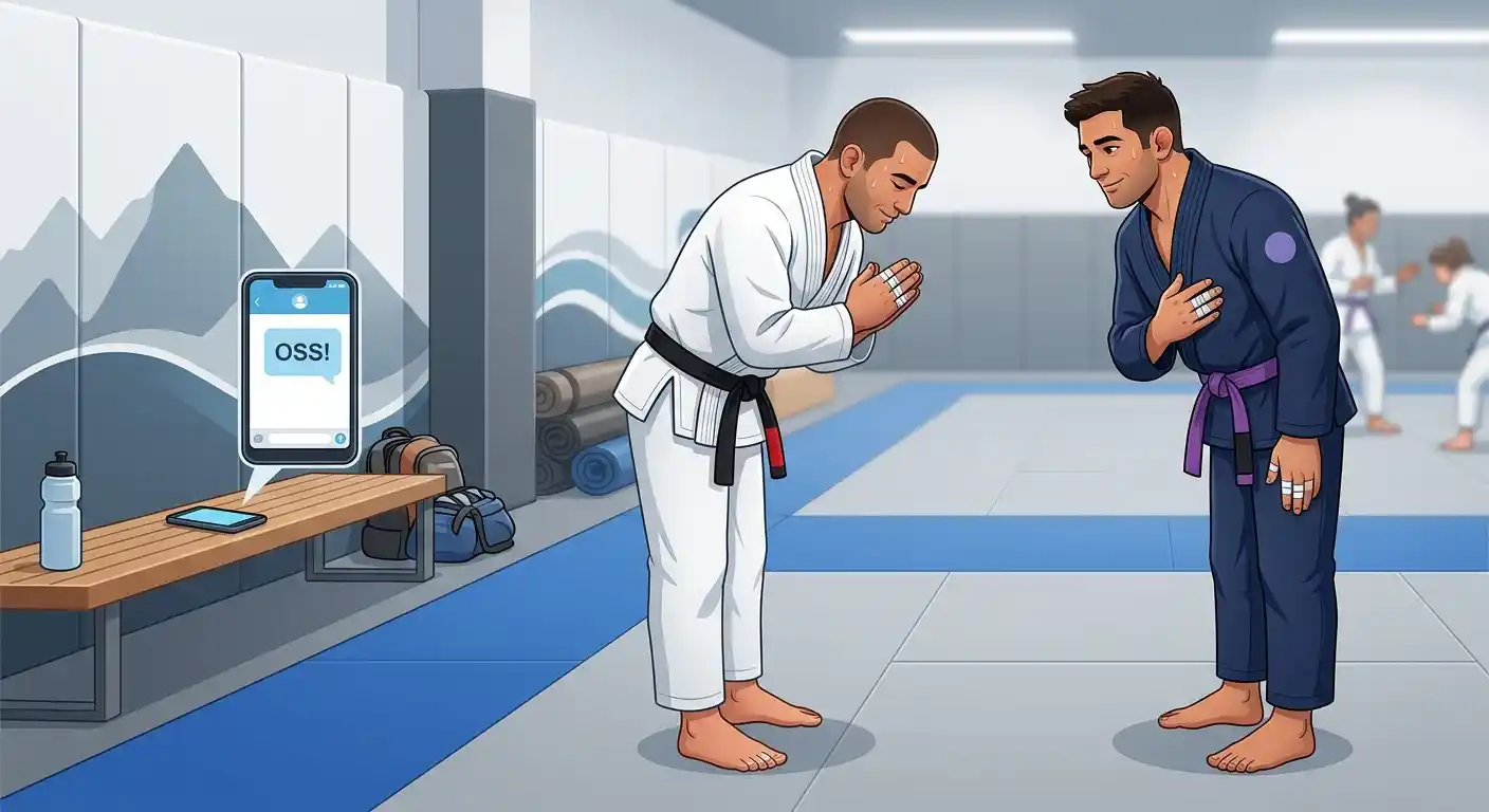 Two adult BJJ practitioners acknowledge each other while a phone shows an “OSS” message.