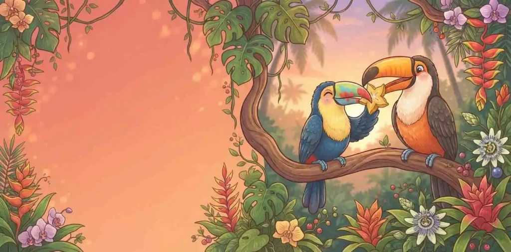 Two toucans sharing tropical fruit