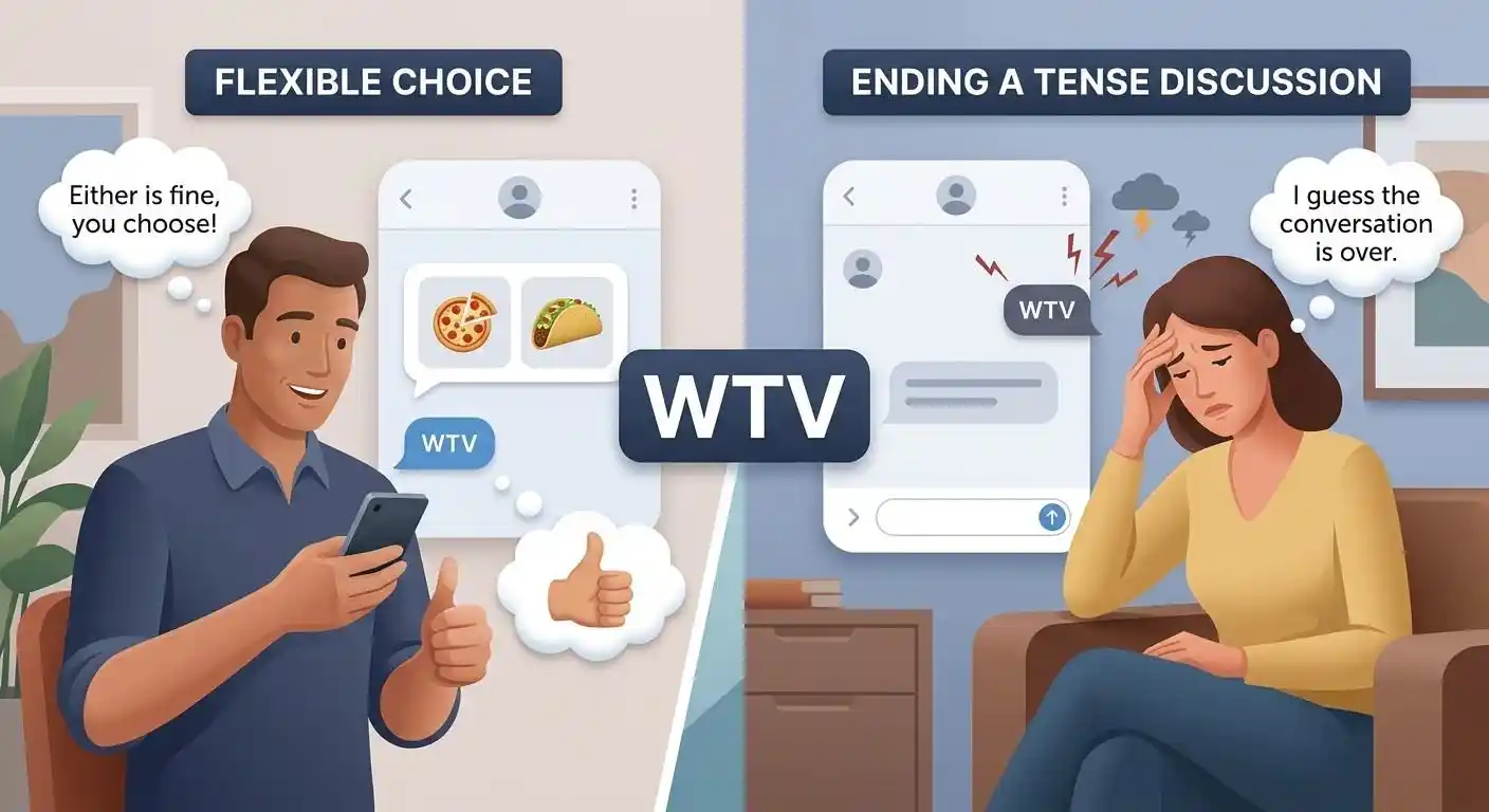 Two texting situations showing WTV meaning whatever with different tones